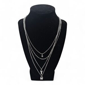 Park Lane LOVELOCK‎ Necklace 4 Layers Of Silver Chains With Heart Crystal & Lock